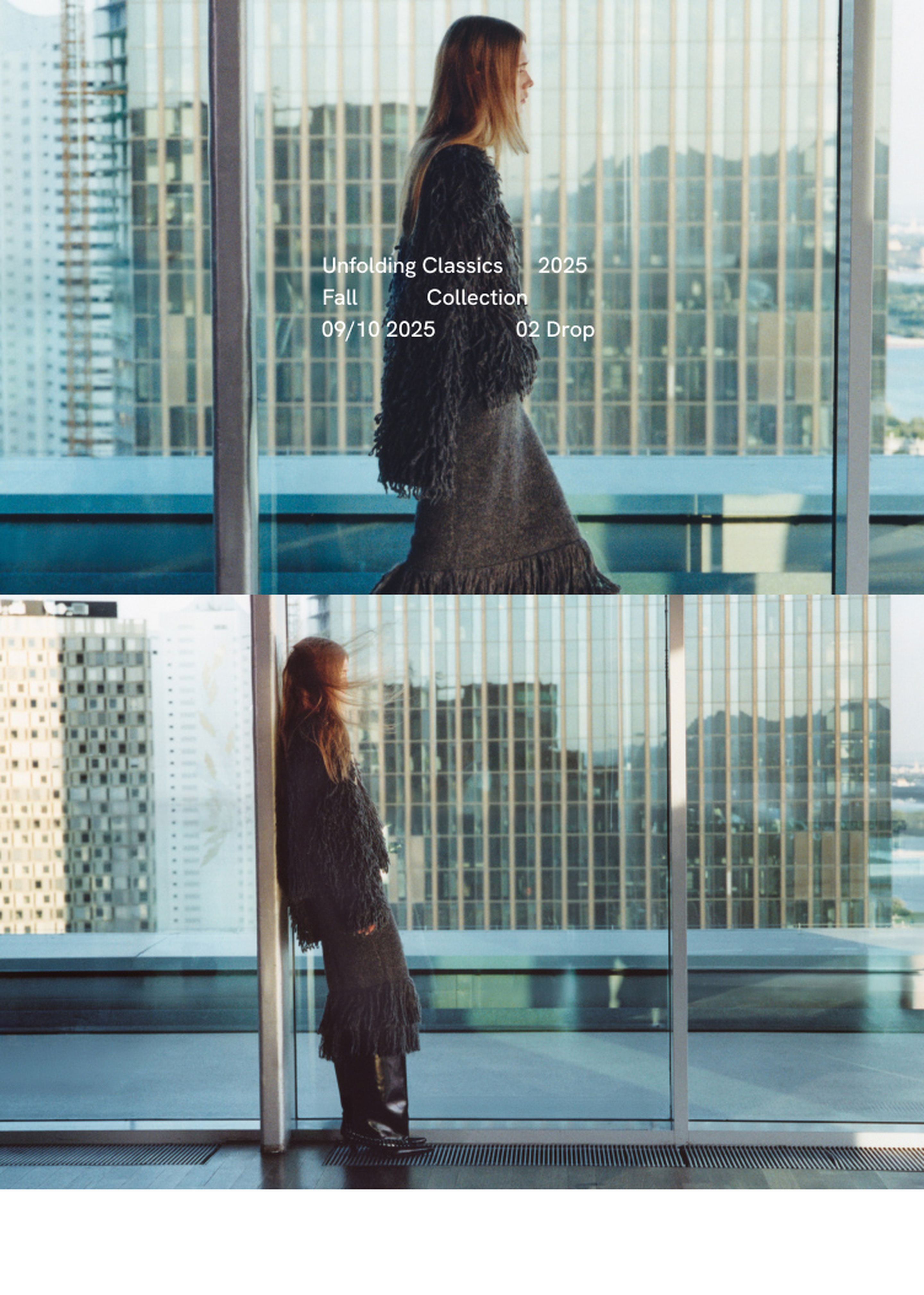 A person in a fringed outfit stands by a large window with a cityscape view, promoting the "Unfolding Classics 2025 Fall Collection."