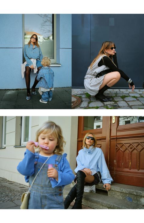 Collage of a woman in stylish outfits and sunglasses with a child. The child blows bubbles, and they pose in urban settings.
