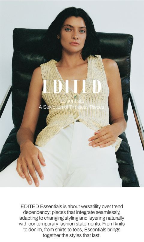 Seated woman in a cream knit top and white pants, with text about EDITED Essentials' timeless fashion pieces.