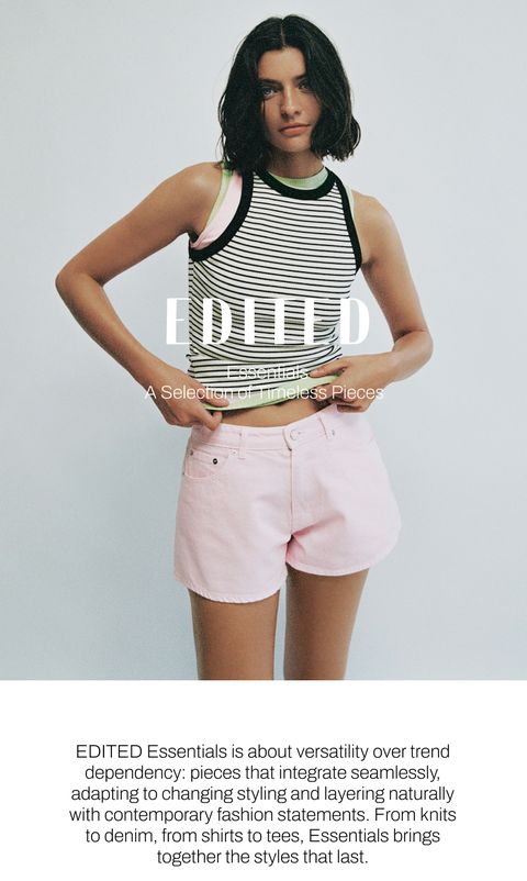 A person poses in a striped tank top and pink shorts. Text overlays reading: "EDITED Essentials: A Selection of Timeless Pieces."