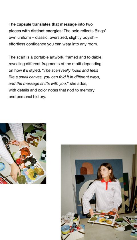 A woman in a white and red long-sleeve shirt stands at a table with art supplies, against a backdrop of green and white walls.