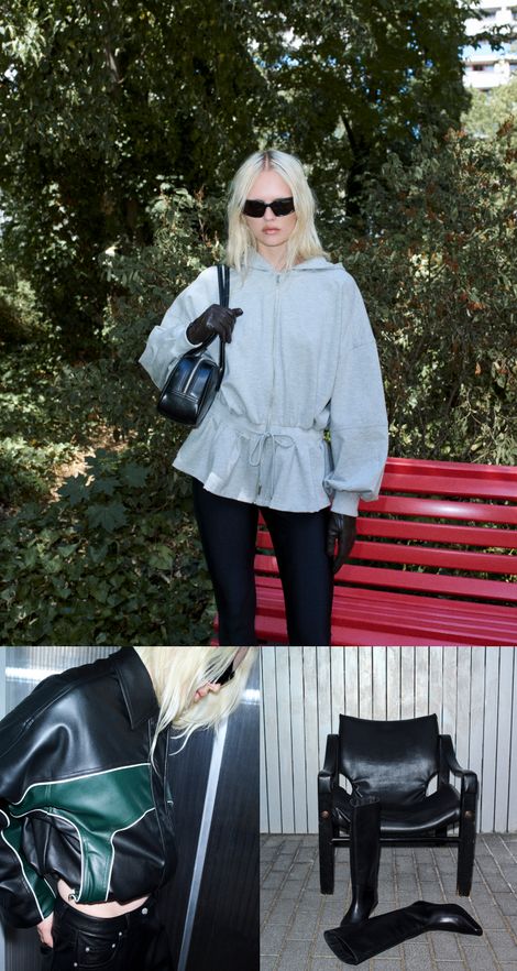 A woman in a gray hoodie and sunglasses stands by a red bench in a park. Below, a black leather jacket and a chair with boots are pictured.