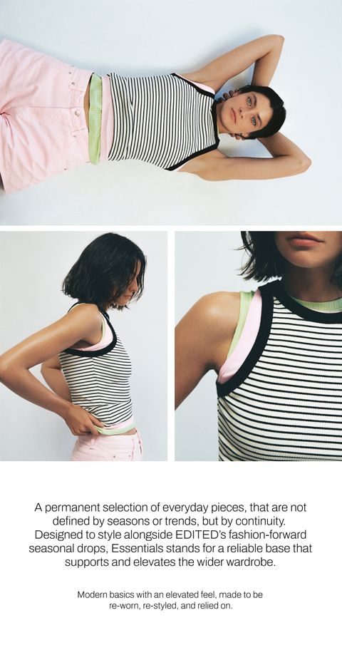 Woman in striped tank top and pink shorts, posing with arms resting behind head, embodying relaxed fashion and continuity.