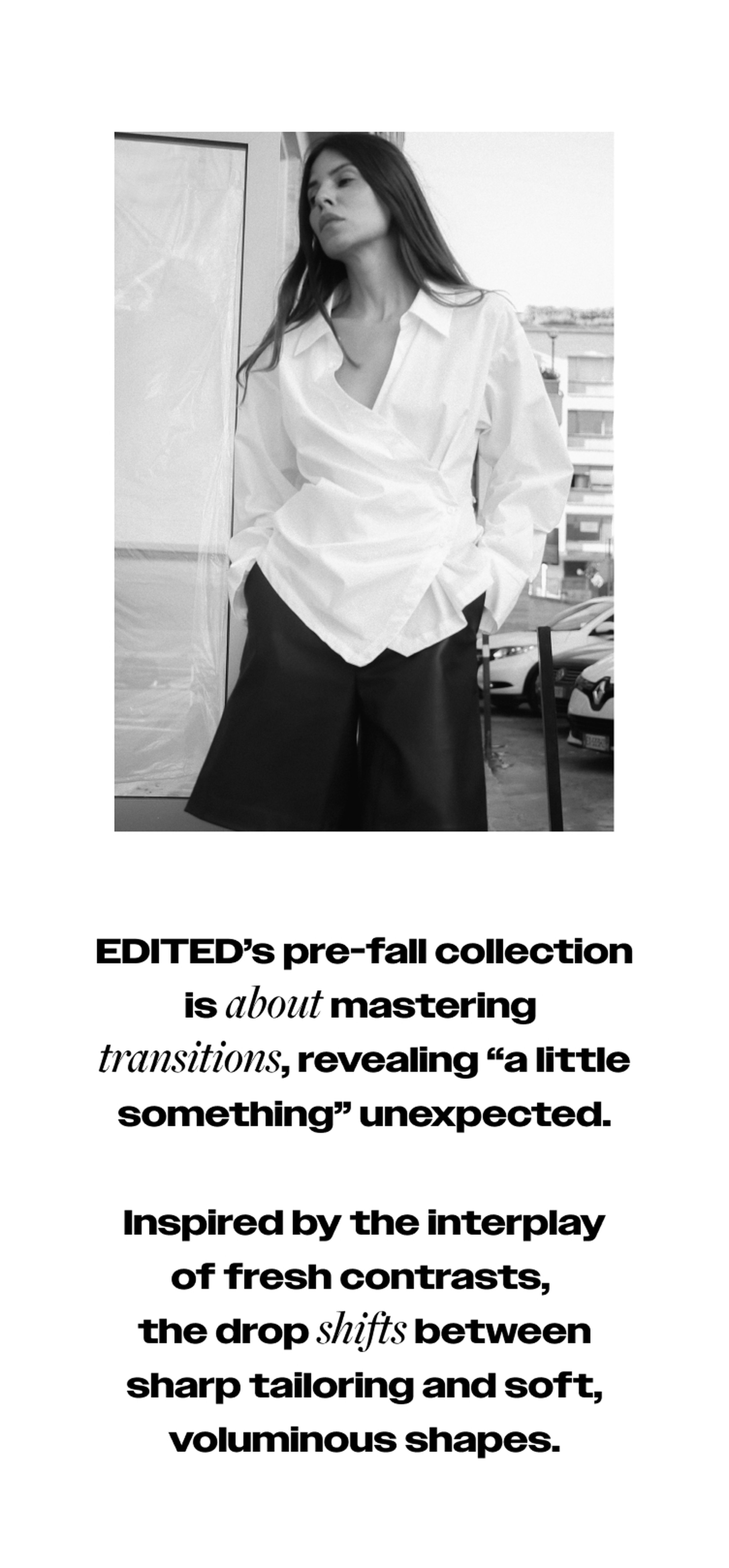 Woman in a white blouse and dark shorts poses confidently. Text describes a fashion collection focused on contrasts and transitions.