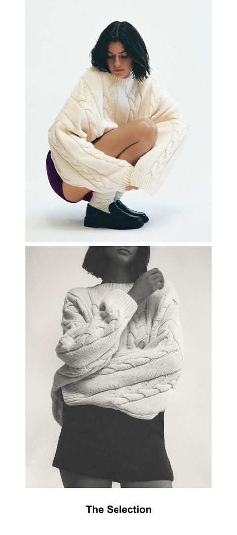 Two women in cream cable-knit sweaters; one crouching with loafers, the other standing in a black-and-white image wearing a skirt.