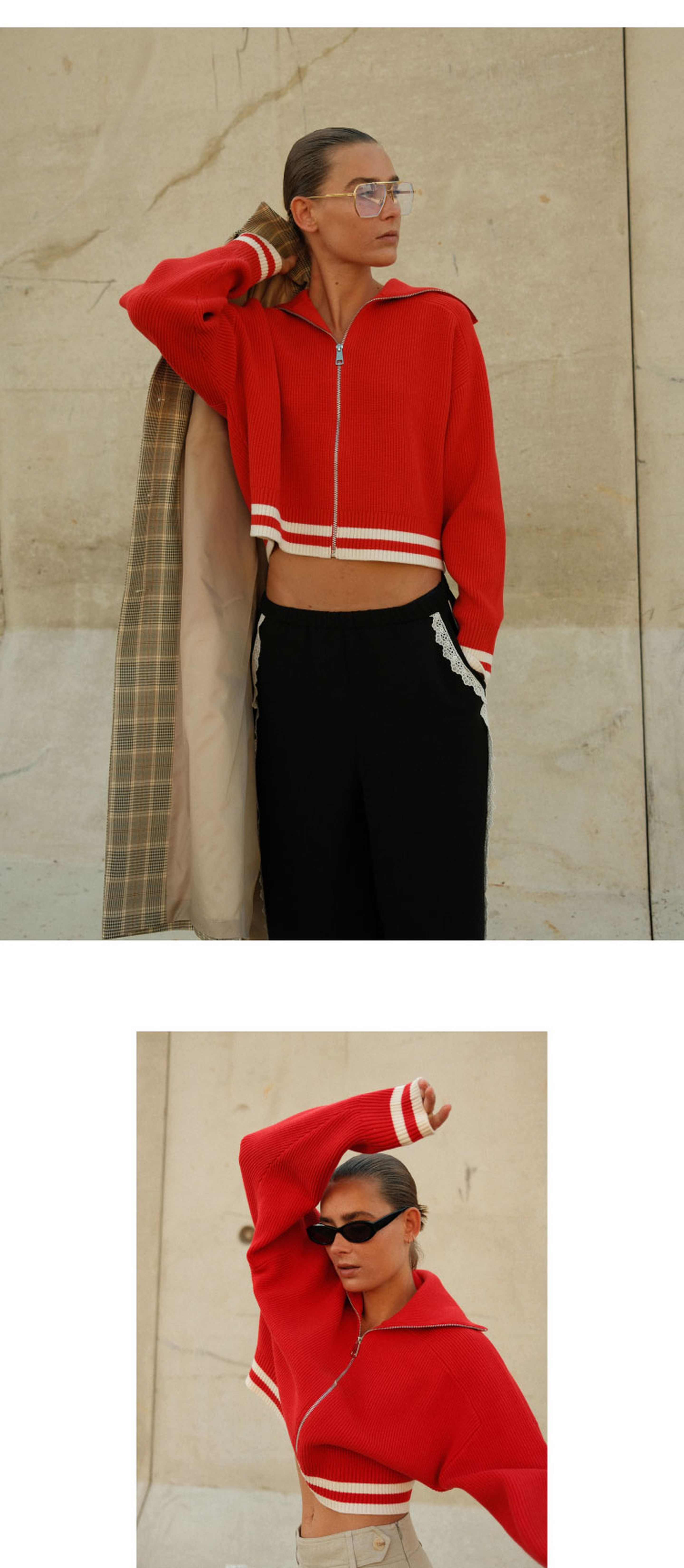 A person in a red cropped jacket with white stripes and black pants poses outdoors. They wear sunglasses in one image and glasses in the other.