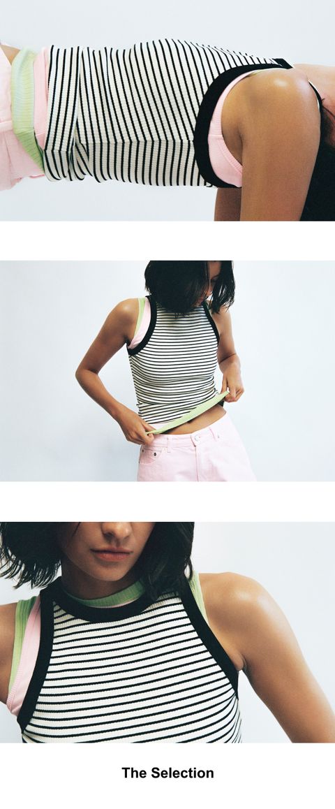 A person wearing a striped tank top with black edges, a pink undershirt, and pink pants, captured in various poses.