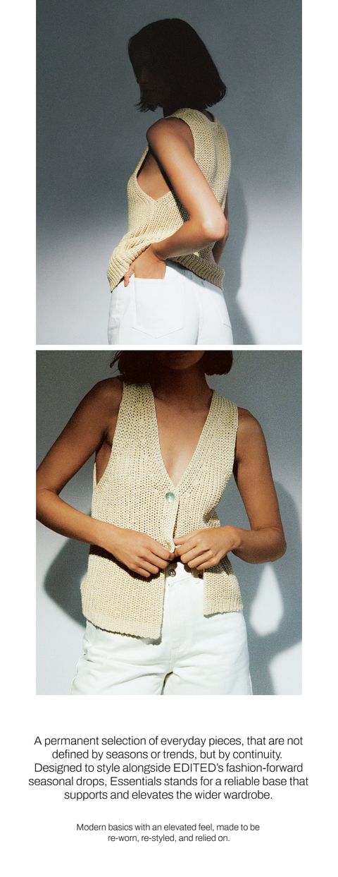 Woman wearing a sleeveless knitted top and white pants, posing with one hand in a pocket. Text describes modern, versatile fashion pieces.