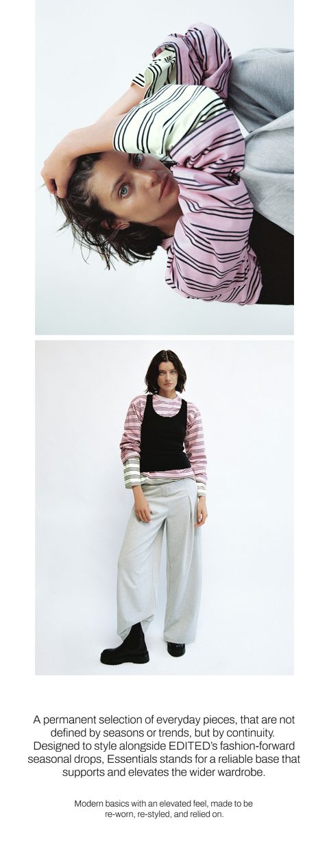 Two images of a person wearing a striped top under a black vest with gray pants. Text describes versatile, modern clothing.