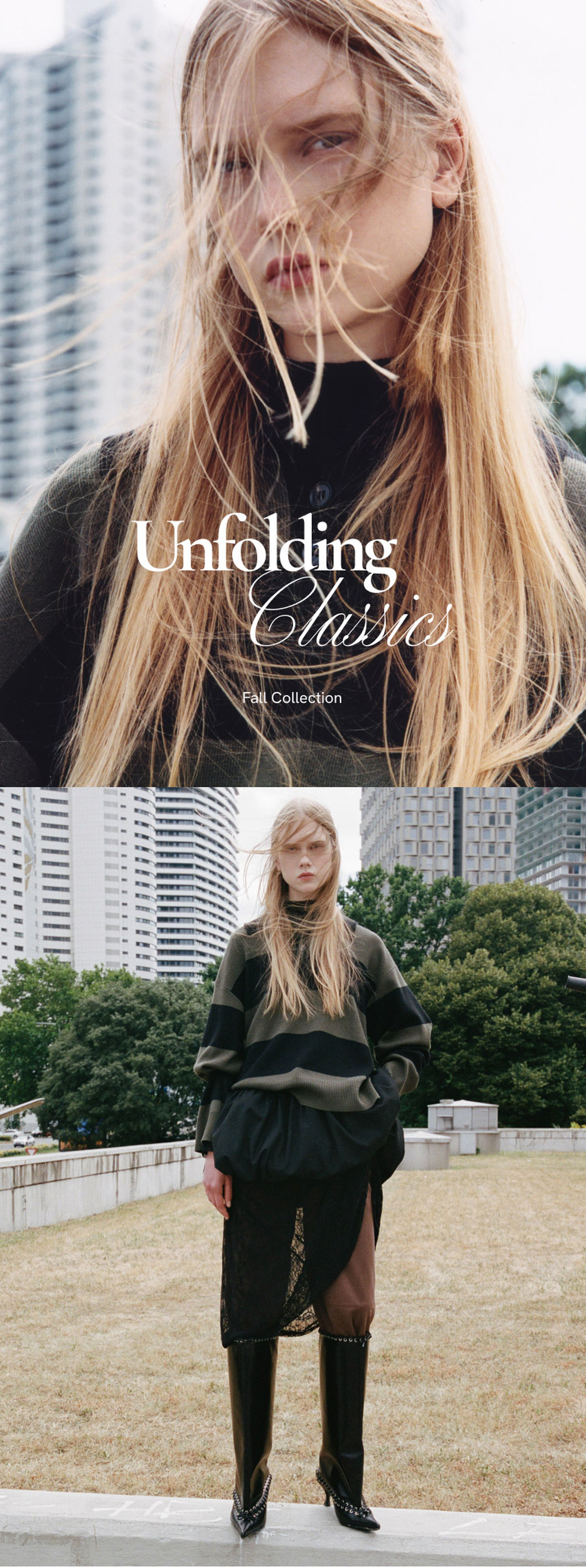 Woman with long hair in a dark outfit stands outdoors in a city park, with tall buildings in the background. Text reads "Unfolding Classics Fall Collection."