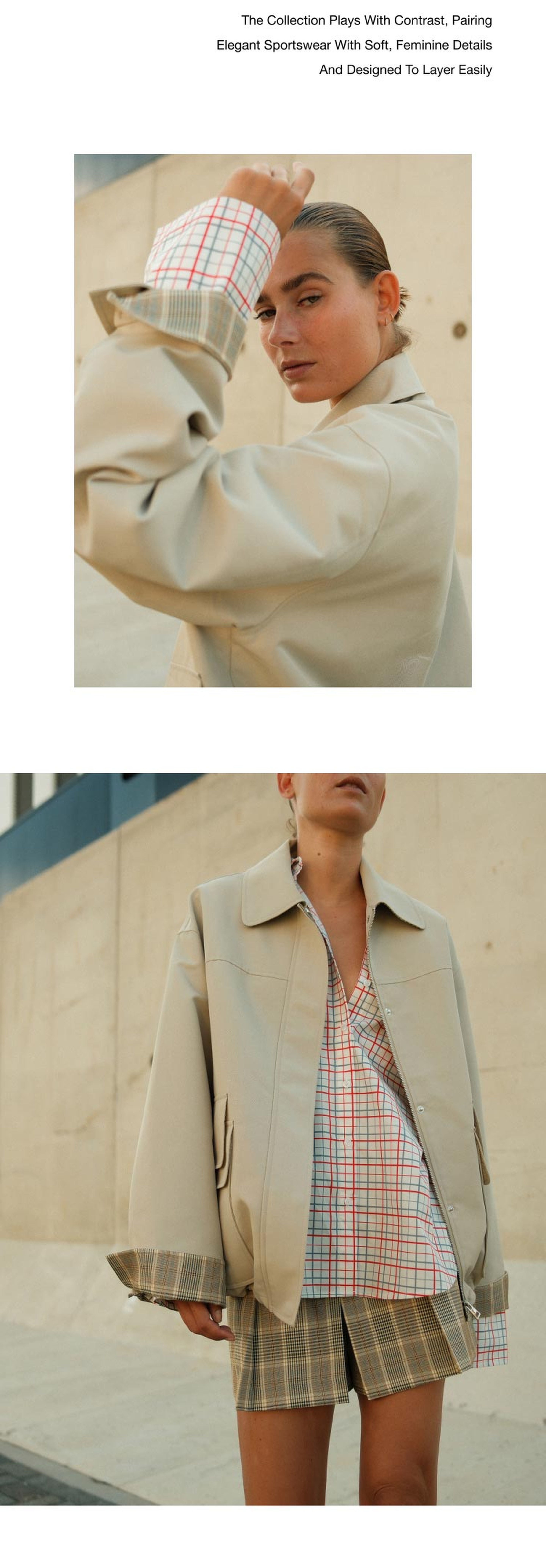 A person in a beige jacket and plaid shirt poses confidently against an urban backdrop, showcasing a stylish and layered outfit.