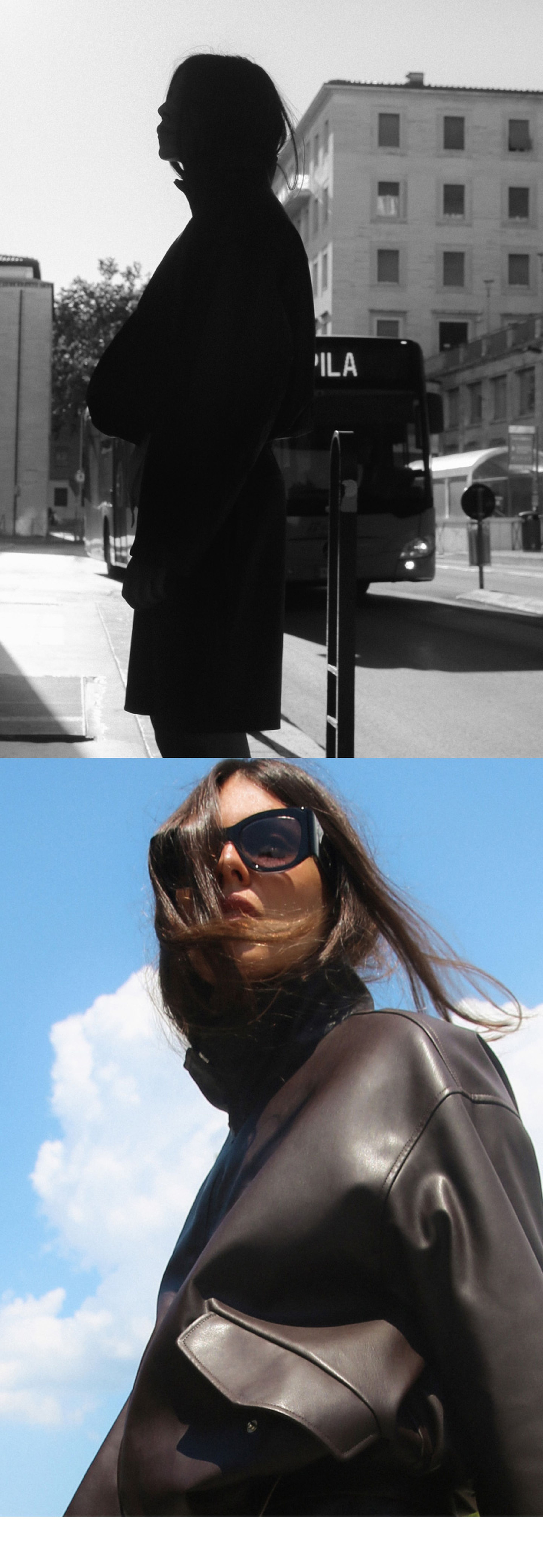 Silhouetted person in a coat stands by a bus; below, the same person in sunglasses and coat against a blue sky.