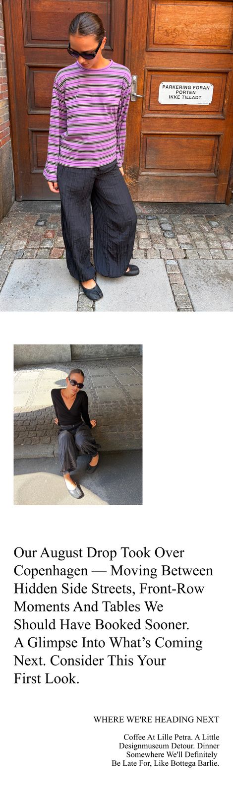 A person in sunglasses wears a purple striped top and black pants, posing near a wooden door. Another image shows them seated, wearing a black outfit.