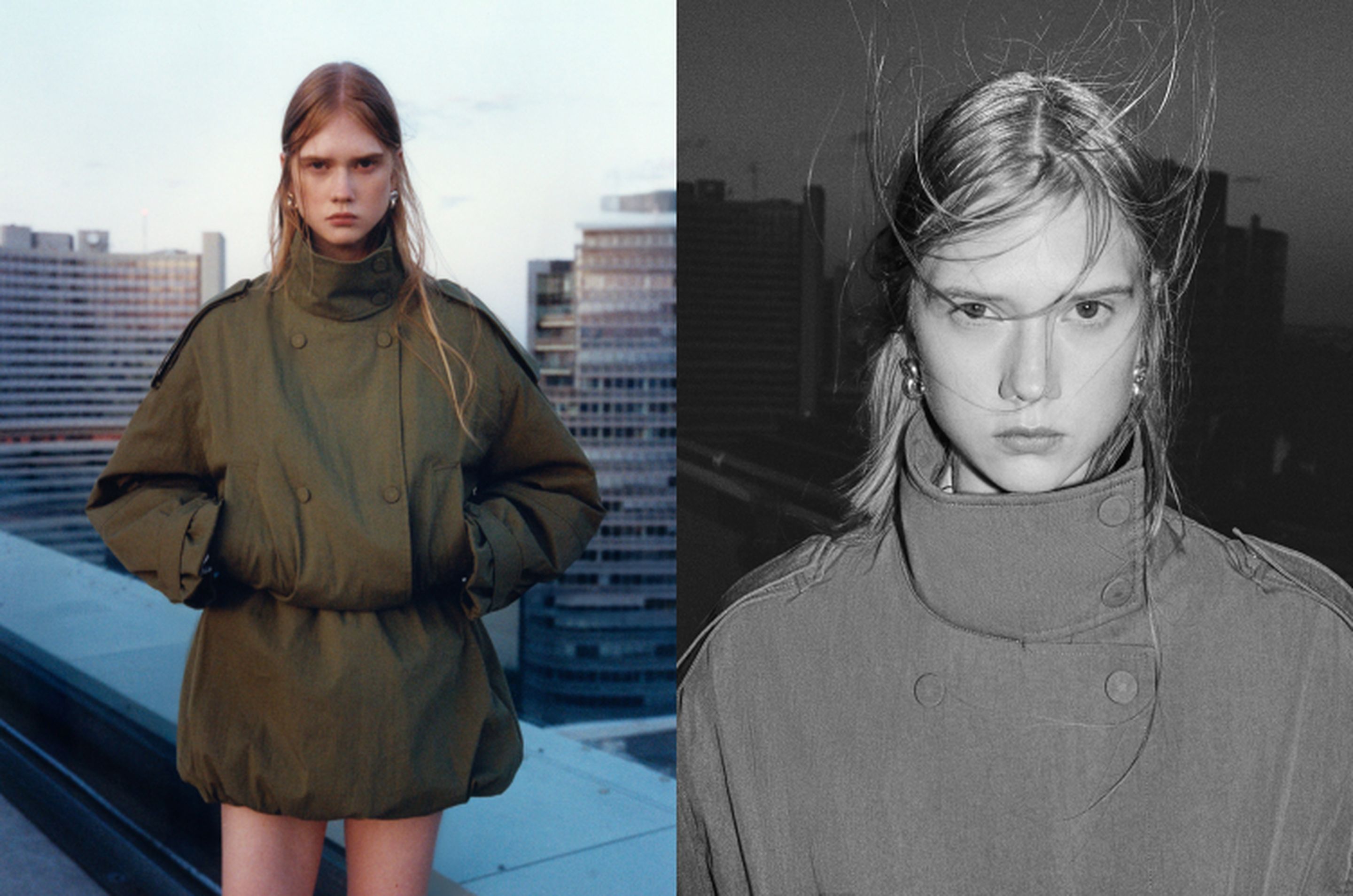 A person in a green coat stands on a rooftop with city buildings in the background. The image is split, showing a color and a black-and-white version.