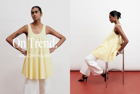 Model in yellow sleeveless top and white pants; poses confidently standing and seated on a stool. Text: "On Trend: Mellow Yellow."
