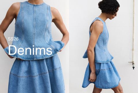 Model wearing sleeveless denim peplum top and skirt against a white background. Text reads "SS26 Denims."