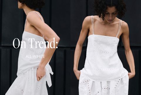 Woman in an all-white outfit with thin straps, styled in front of a dark background. Text reads "On Trend: All-White."