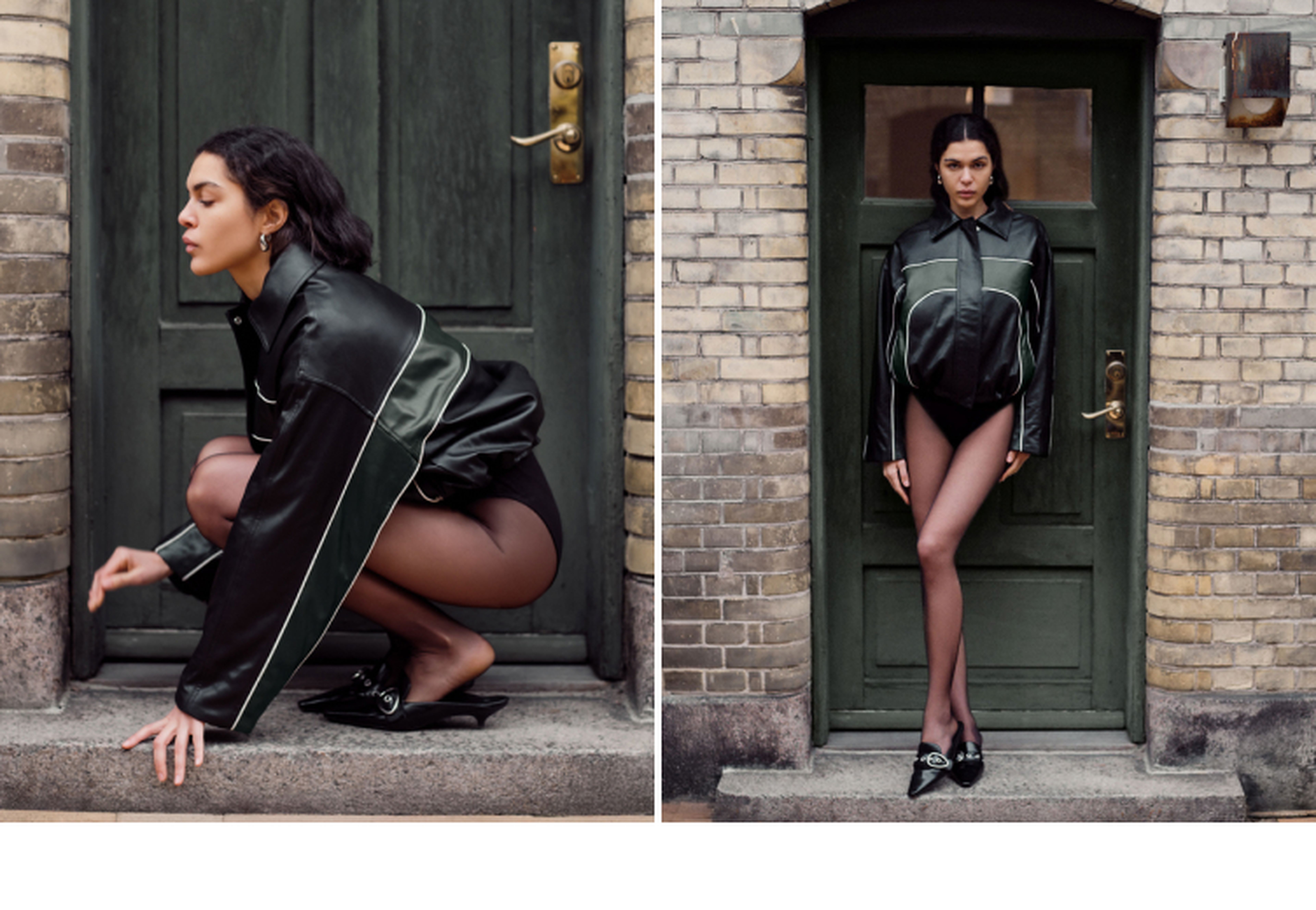 Woman in a black leather jacket and sheer tights poses against a brick wall and green door, in two different stances.