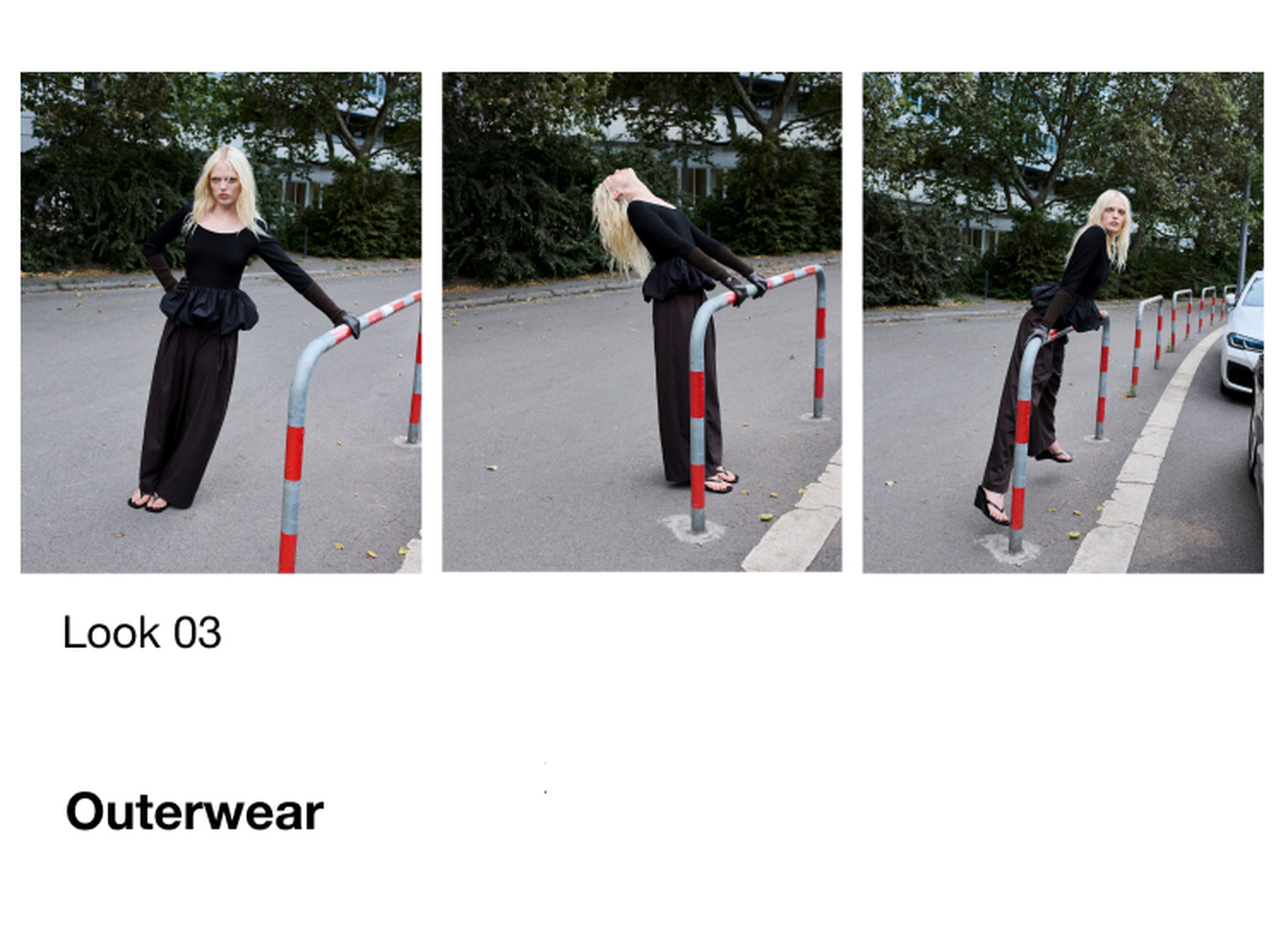 Three images of a person posing in black outerwear, interacting playfully with a street barrier on a road surrounded by trees.