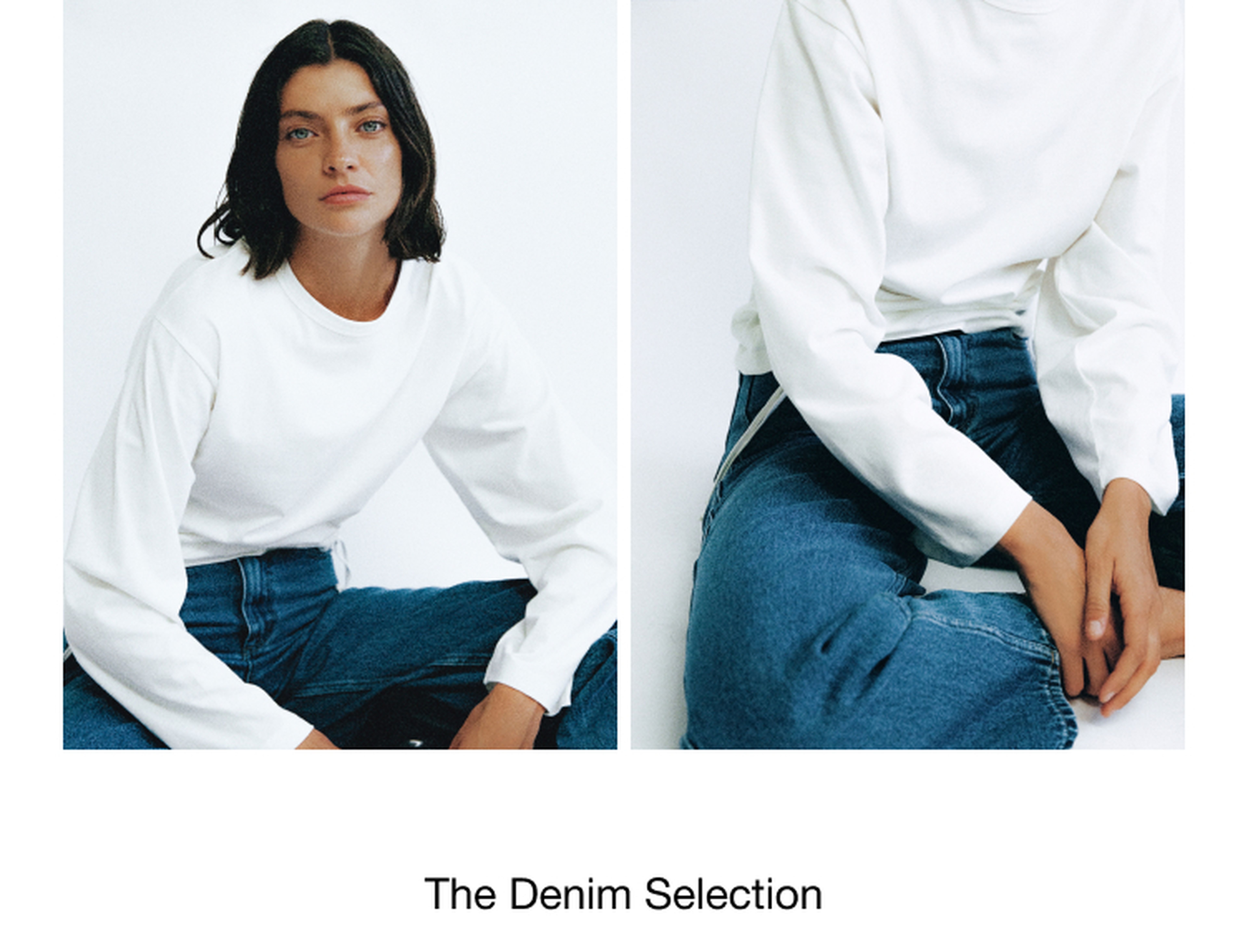 Person wearing a white long-sleeve shirt and blue jeans, seated, with a focus on minimalistic style. Text reads: "The Denim Selection."