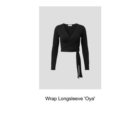 Black wrap long-sleeve top with a tie closure named "Oya" displayed on a gray background.