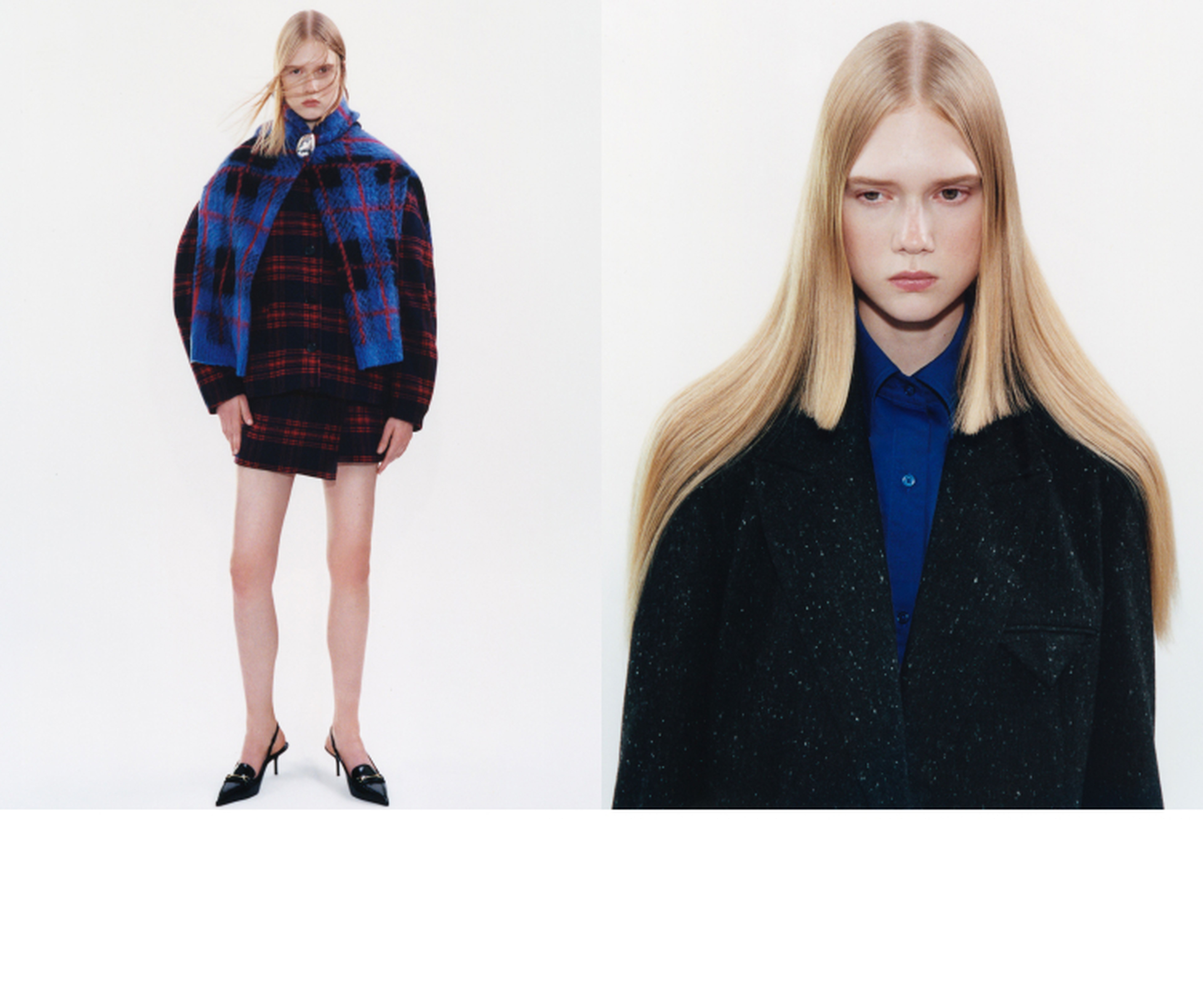 Model wearing a plaid jacket over a blue shirt and skirt, with black heels; next to a close-up in a dark coat and blue shirt.