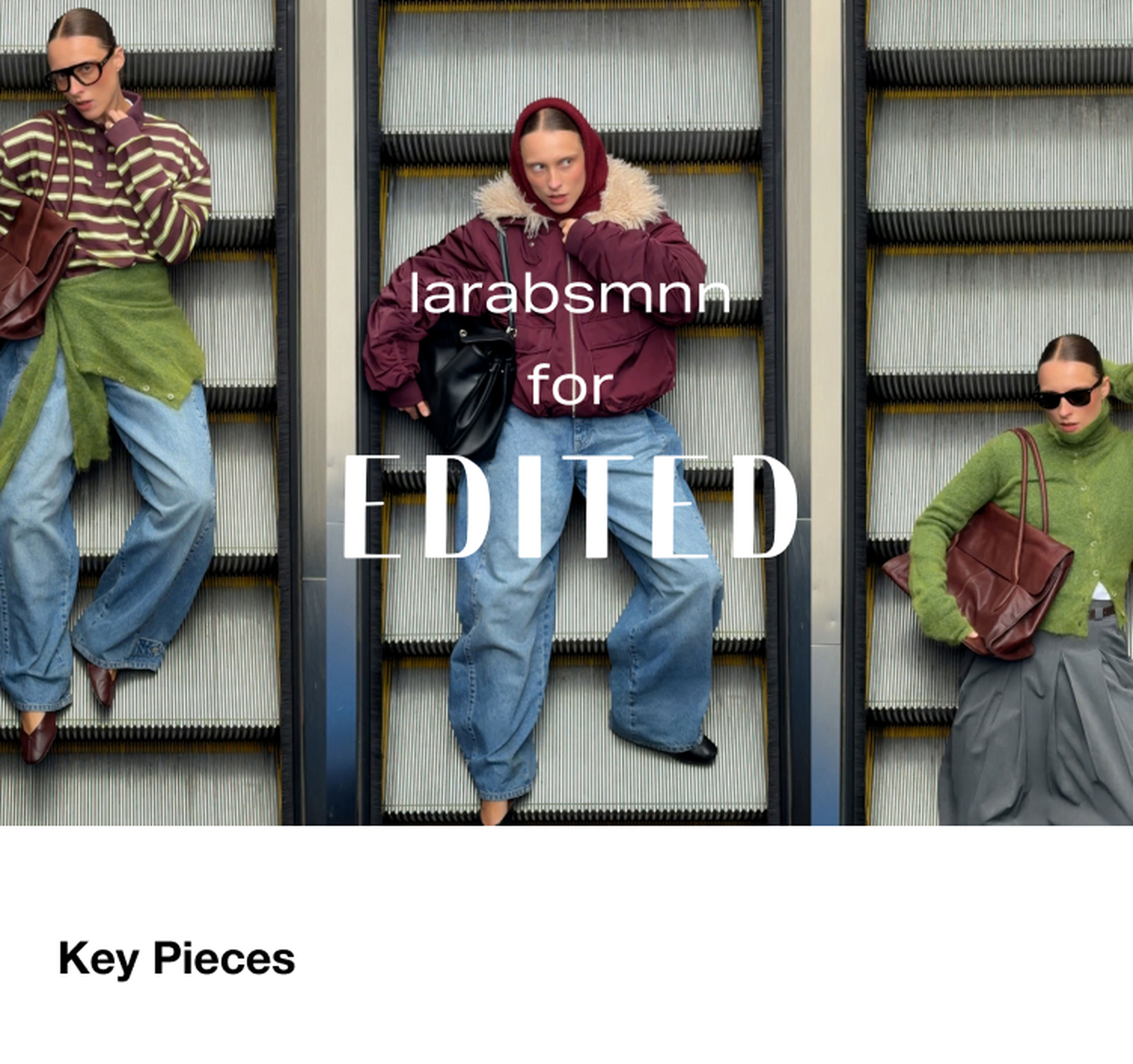 Three models pose on an escalator in stylish, casual outfits including jeans, a striped sweater, a fur-trimmed jacket, and carrying large bags.