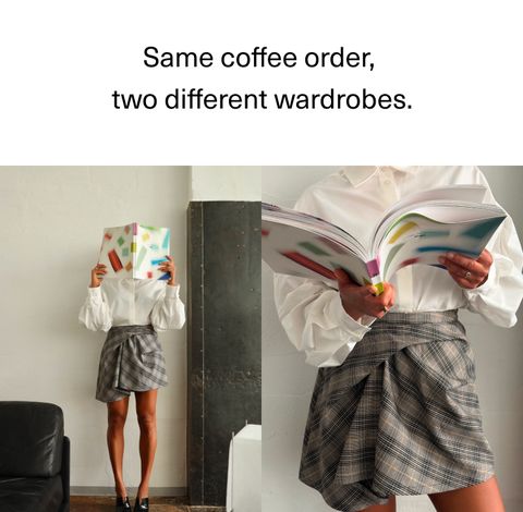 Person in a white blouse and plaid skirt, reading a colorful book, text above reads "Same coffee order, two different wardrobes."