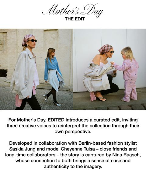 Fashion models in stylish outfits walk outdoors and interact, celebrating Mother's Day in a curated collection.