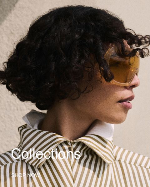 Person with curly hair in striped outfit and orange sunglasses, side profile. Text reads "Collections, Shop Now."