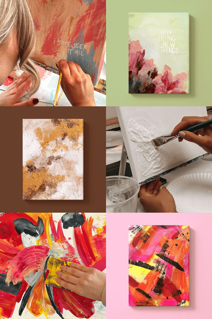 Collage aus sechs Bildern, die abstrakte Gemälde in Arbeit zeigen, bei denen Künstler leuchtende Farben und Texturen auf Leinwände malen.
