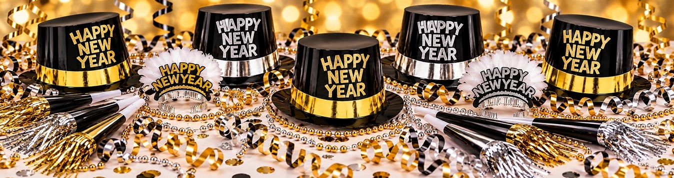 Black, gold and silver New Year's Eve party hats, tiaras, horns and noisemakers for large events