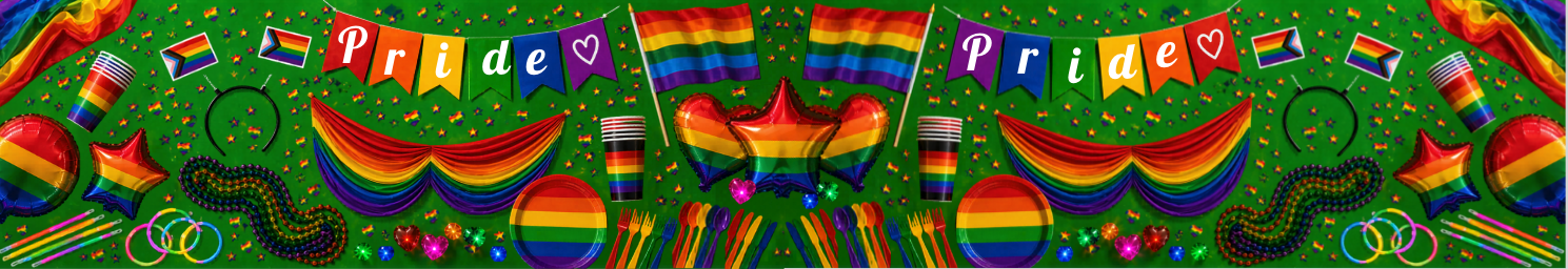 Colorful Pride-themed decorations on a green background, including rainbow flags, banners, plates, and utensils, with confetti.