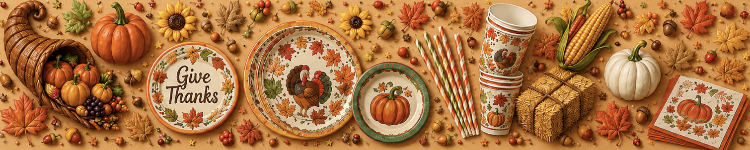 Festive Thanksgiving-themed tableware and decor including plates, cups, straws, cornucopia, pumpkins, cornstalks, and autumn leaves displayed on a table.