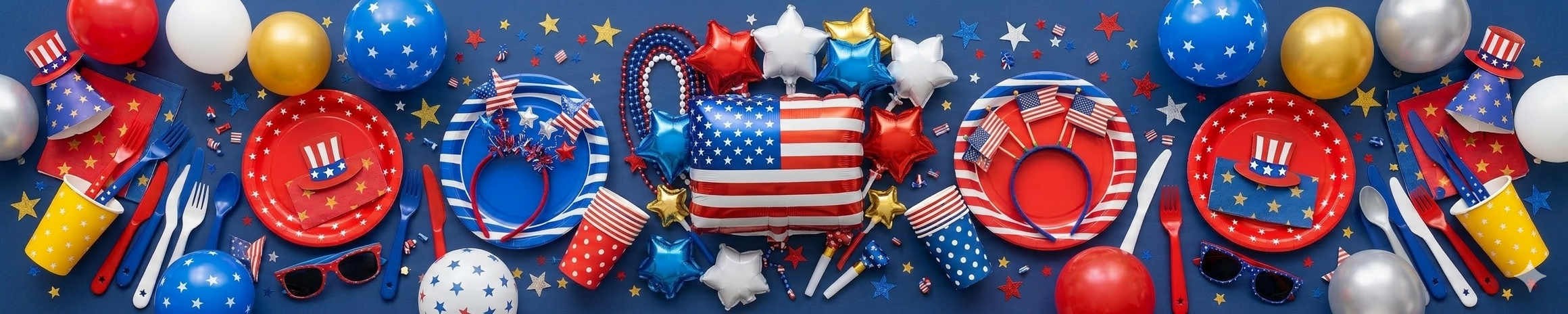 Festive table with American flag-themed plates, balloons, and confetti. Red, white, and blue decorations create a patriotic celebration setting.