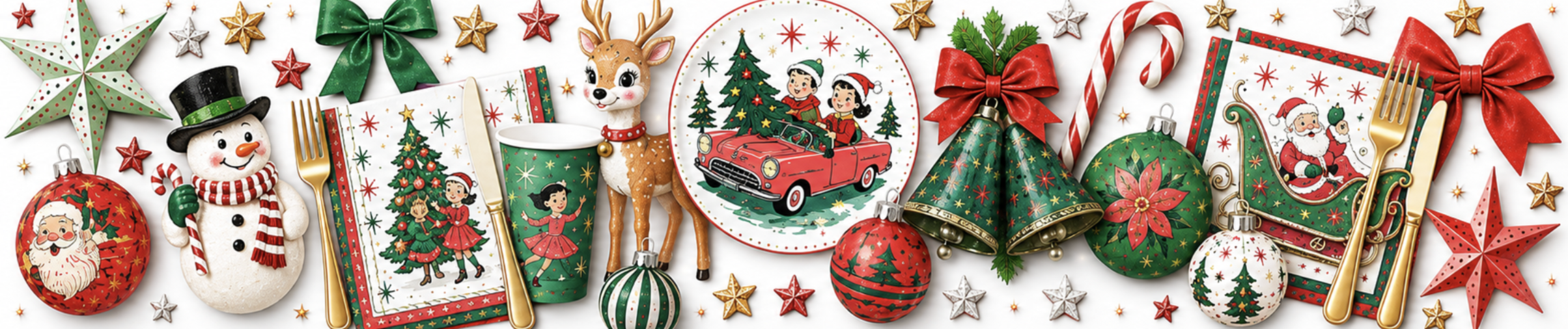 Festive Christmas-themed collage with ornaments, a snowman, reindeer, plates, napkins, and cutlery in vibrant red, green, and gold colors.