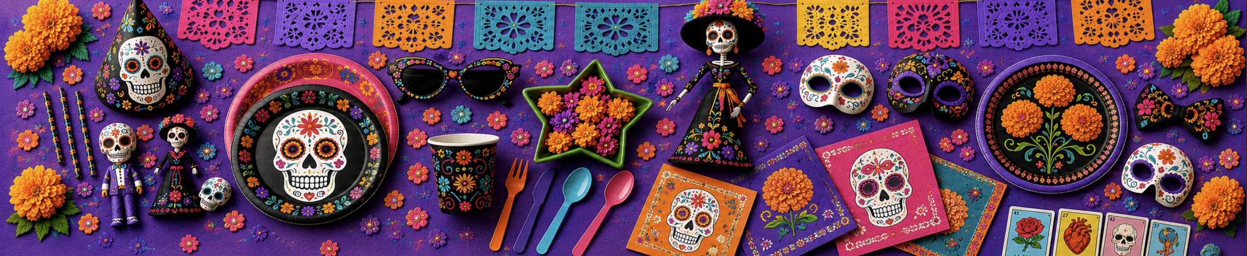 Colorful Dia de los Muertos decor: marigolds, sugar skulls, papel picado, skeleton figurines, and festive tableware on a purple background.