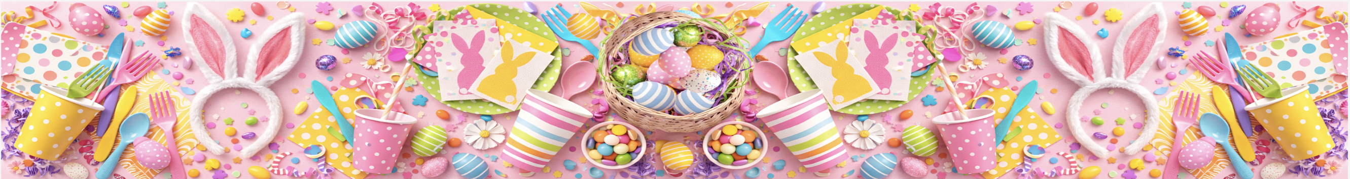A festive Easter theme with decorated eggs, bunny ears, colorful candies, and polka dot utensils on a pink background.