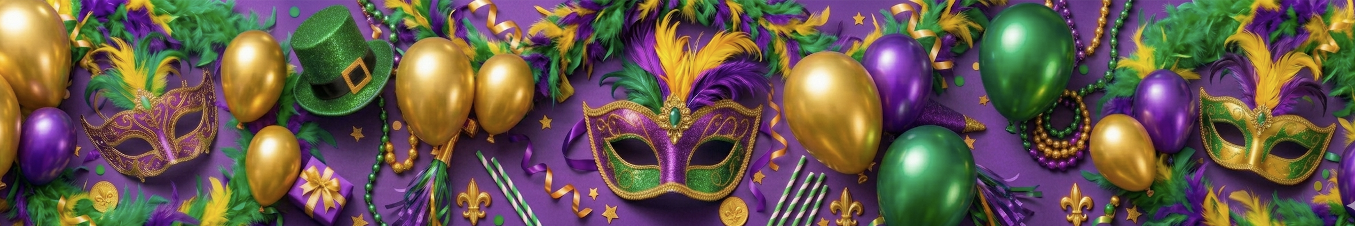Colorful Mardi Gras-themed items, including masks, balloons, party hats, and beads, arranged on a purple background.