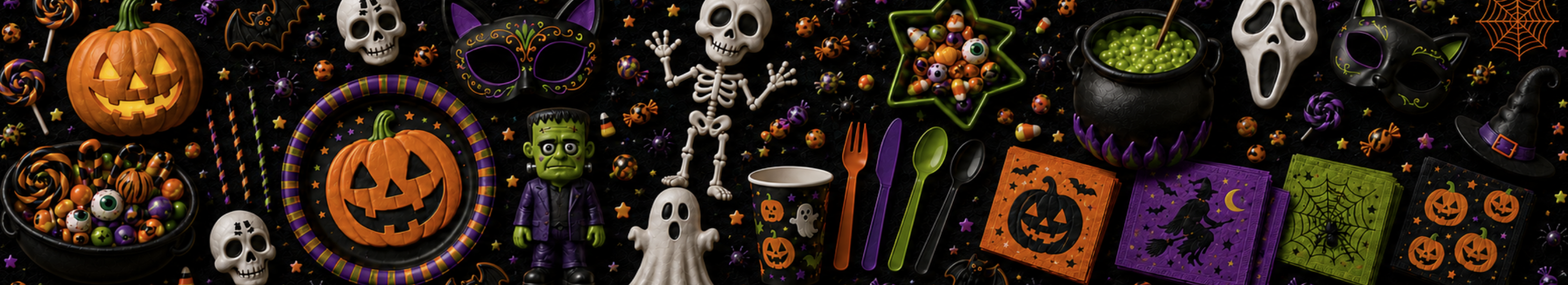 Halloween-themed items on a black background, featuring pumpkins, skeletons, masks, candy, cauldrons, and festive cutlery.