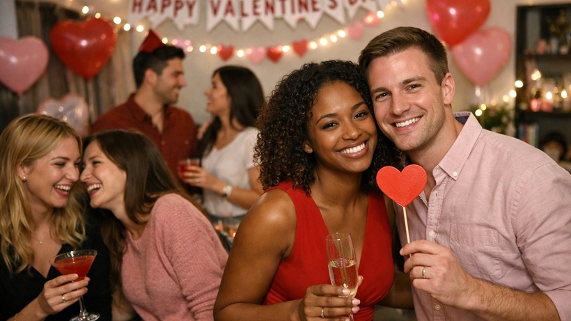 Smiling couple with a heart prop at a lively Valentine's party, surrounded by friends, balloons, and festive lights.