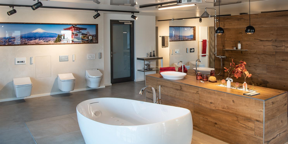Ein moderner Badezimmer-Showroom mit wandhängenden Toiletten, einer freistehenden Badewanne, einem Waschtisch aus Holz, gerahmten Kunstwerken und Pendelleuchten, die eine elegante Atmosphäre schaffen.