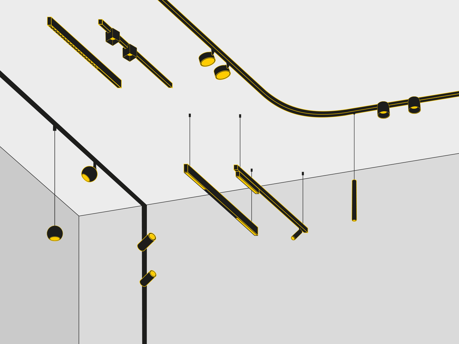 Dreidimensionale Grafik verschiedener Montagemöglichkeiten des Schienensystems: Aufbau- und Einbauvarianten an Decke und Wand, inklusive nahtloser Eckübergänge und abgependelter Installationen.