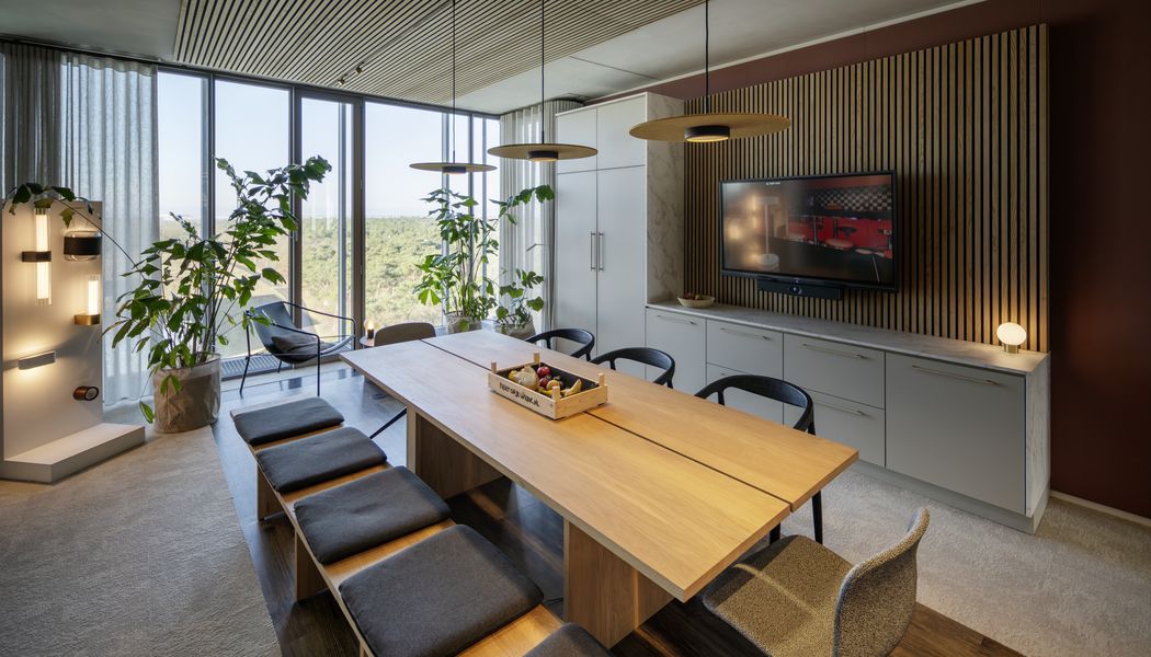 Ein moderner Besprechungsraum mit einem Holztisch – beleuchtet durch 48-V-GRIP! FLAT-Pendelleuchten –, schwarzen Stühlen, Topfpflanzen, einem an der Wand montierten Fernseher und großen Fenstern, die einen malerischen Ausblick bieten.
