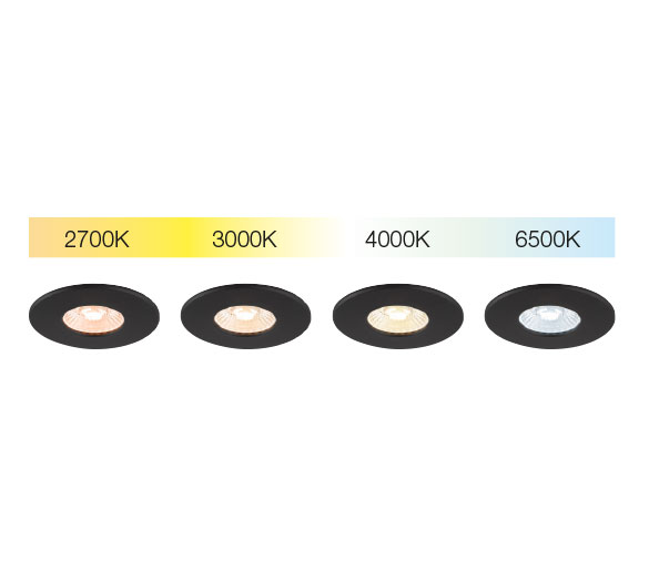 Vier Einbauleuchten mit Angaben zur Farbtemperatur: 2700 K, 3000 K, 4000 K und 6500 K, die jeweils unterschiedliche Lichtfarben abgeben.