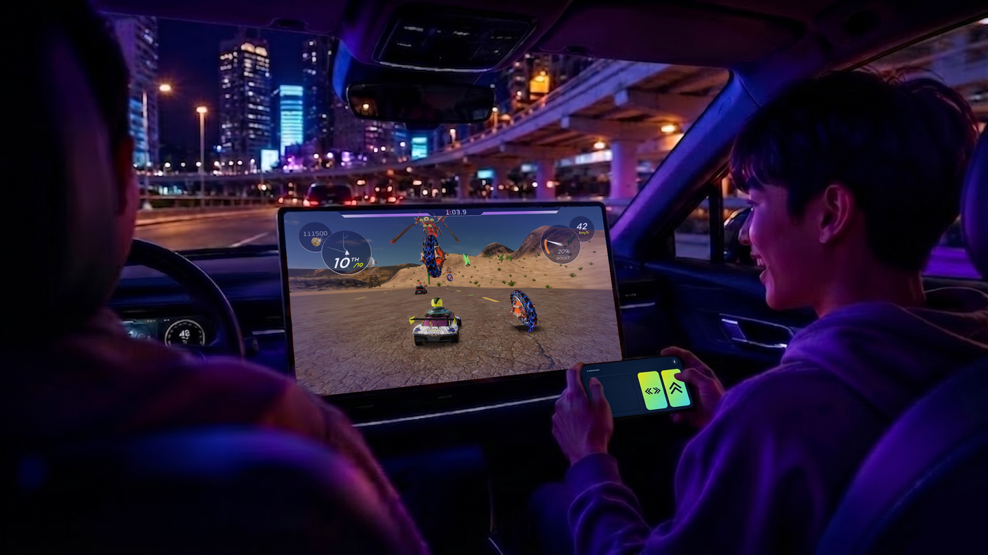 Person sitting on the passenger seat and playing a video game