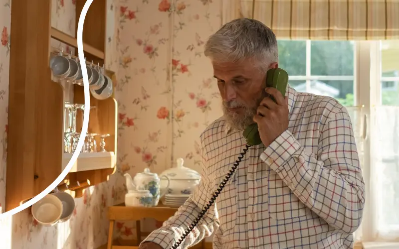 Mand snakker i fastnettelefoni