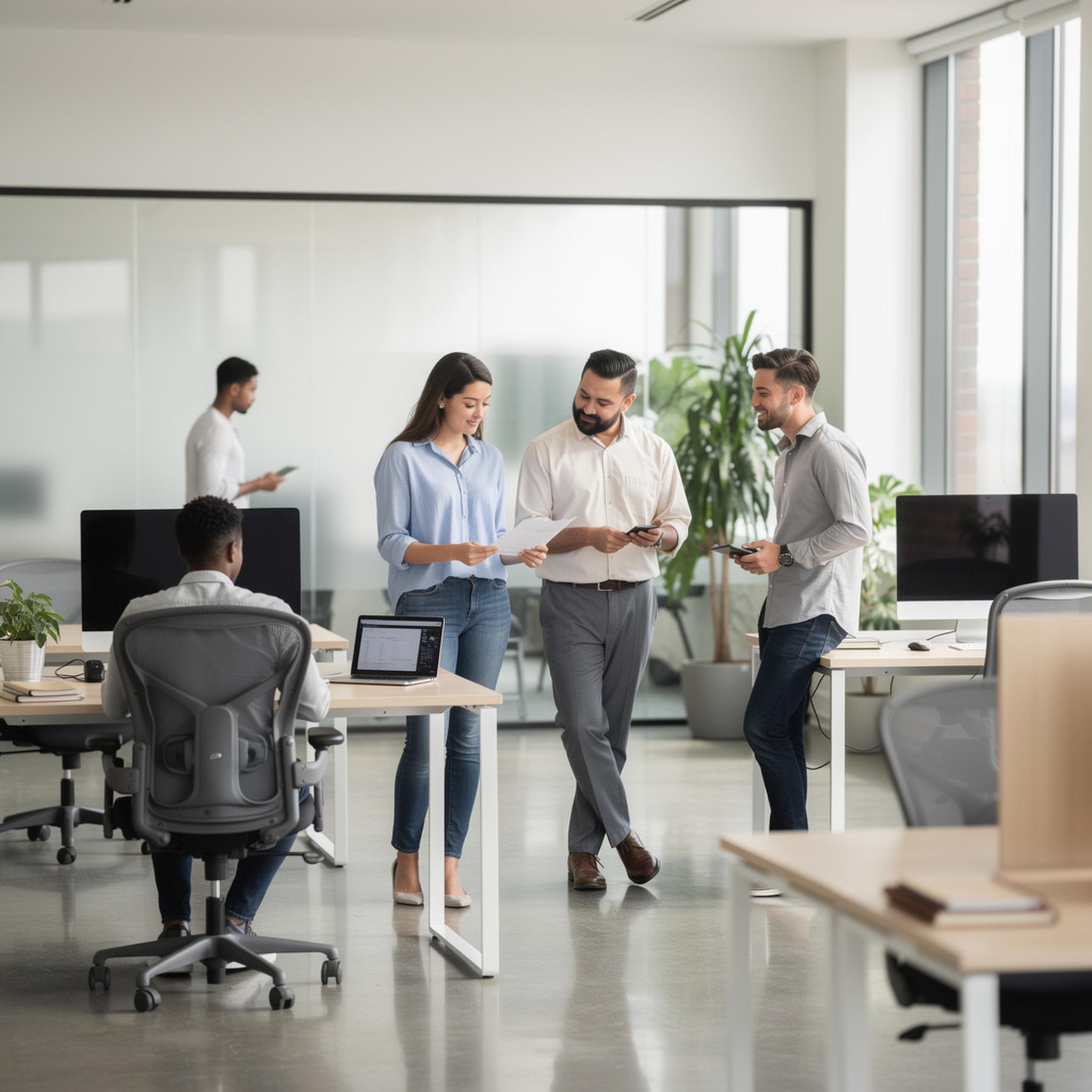 People in office environment discussing Christmas time-off