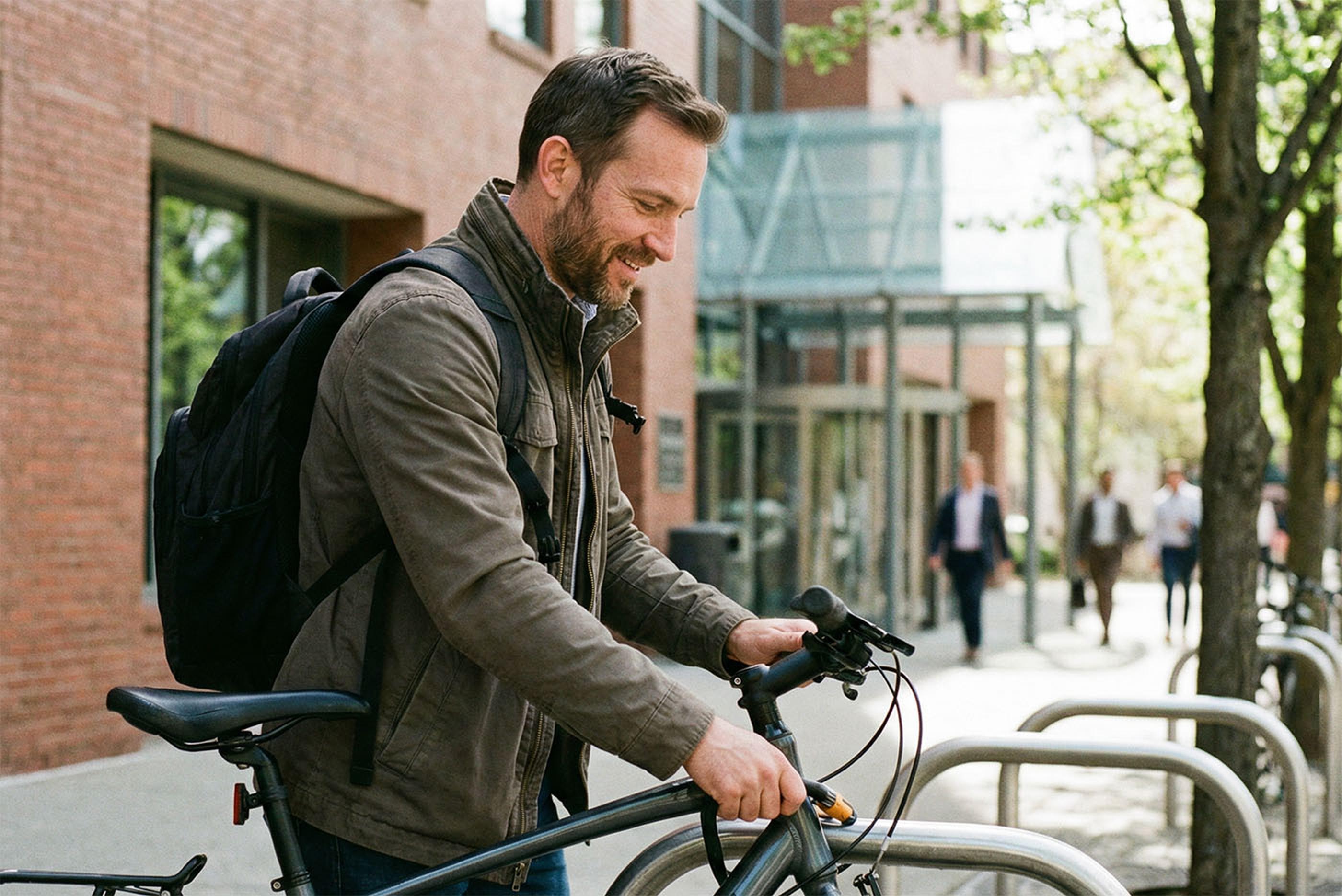 Employee parking bike in front of office building