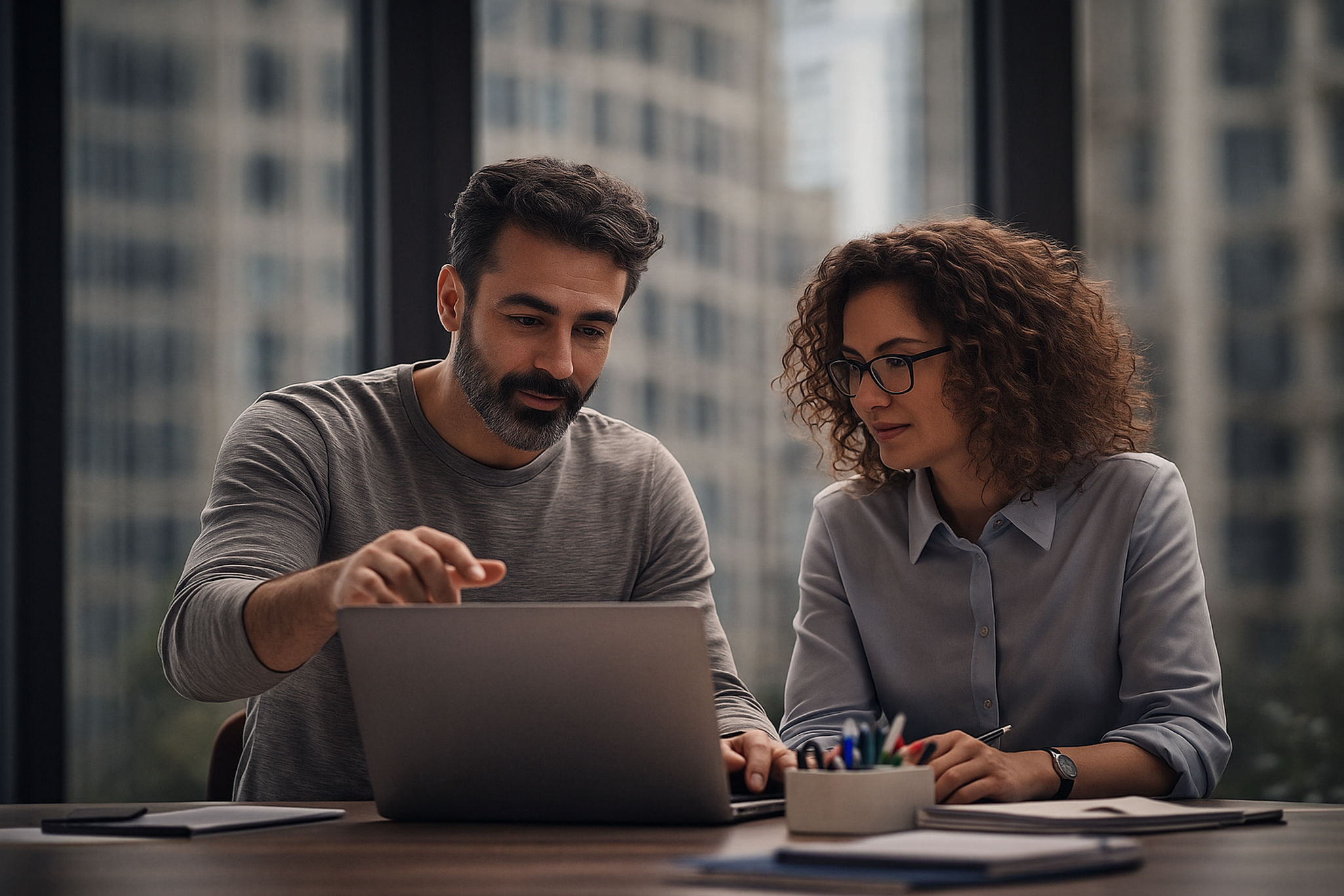 two employees using self-service time tracking in office environment